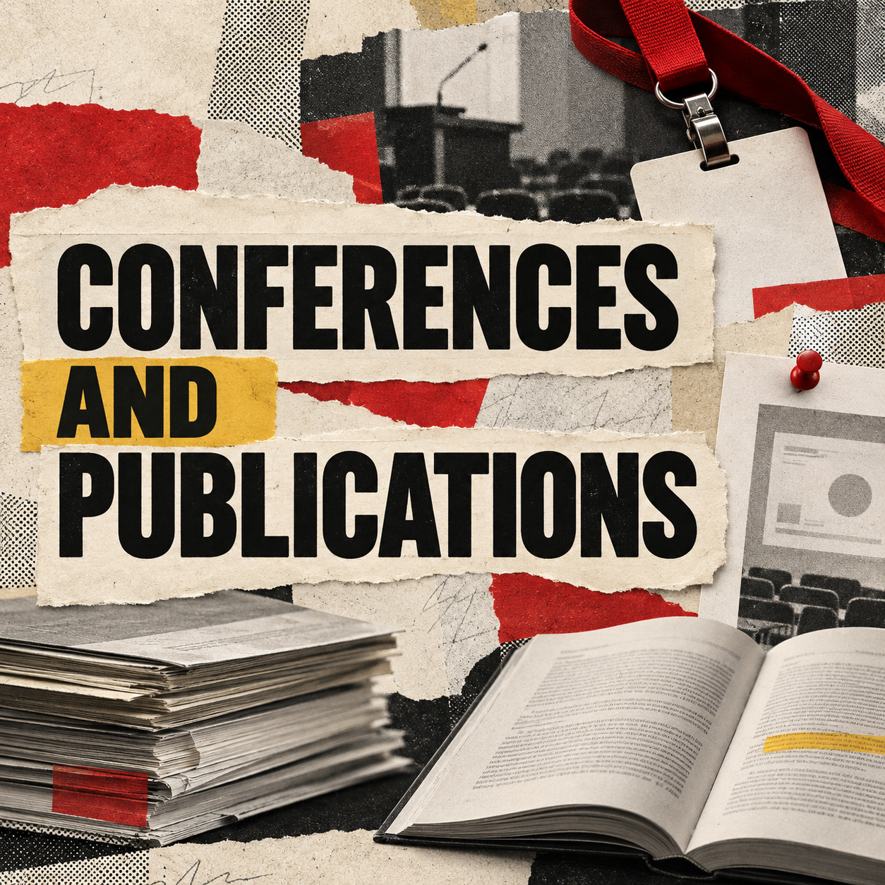 Conferences and publications collage with research papers and a conference badge.